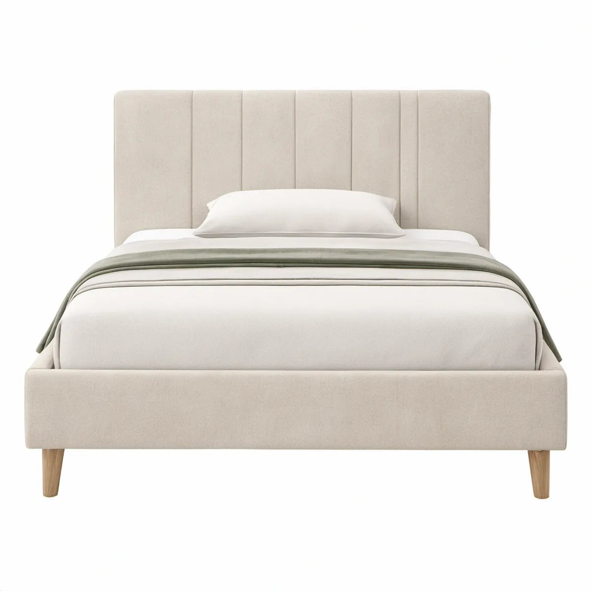Gepolstertes Bettgestell Beige mit Naturholzfüssen, Liegefläche 160 x 200 cm