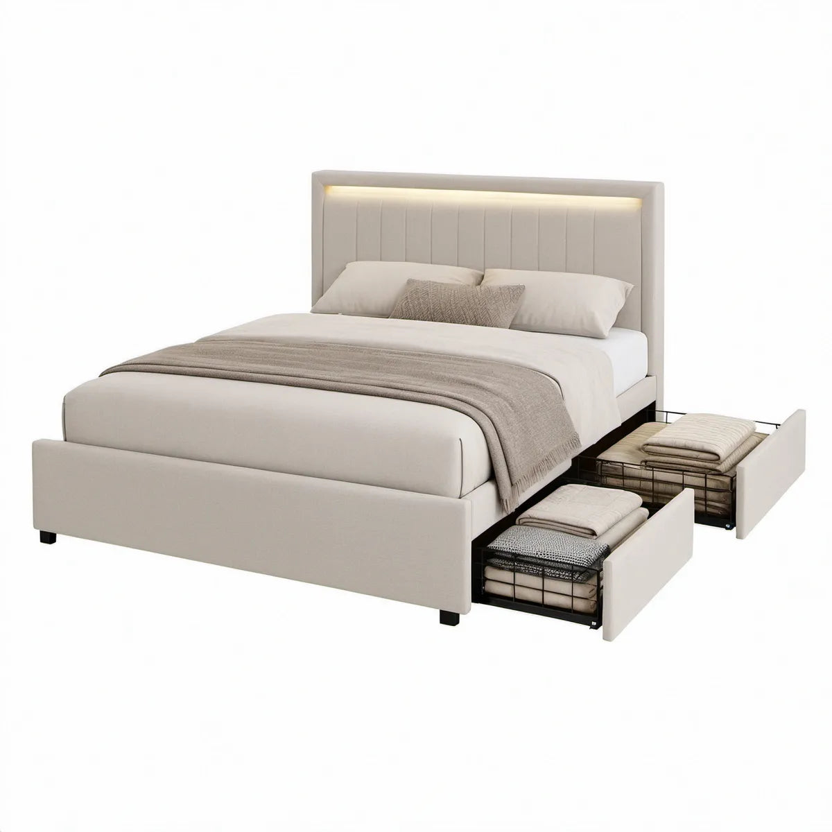 Polsterbett mit LED-Kopfteil und 2 Schubladen, 160 × 200 cm, Beige