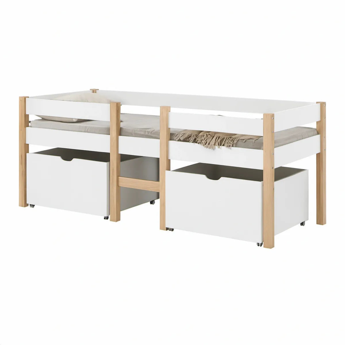 Hochbett 90 x 200 cm aus Kiefernholz und MDF in Weiss/Natur mit Leiter und 2 Rollcontainern