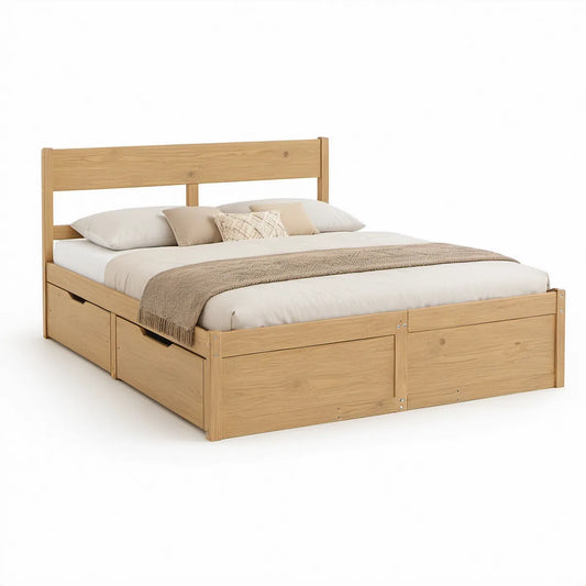 Doppelbett 160 x 200 cm aus massivem Kiefernholz Natur mit integriertem Stauraum