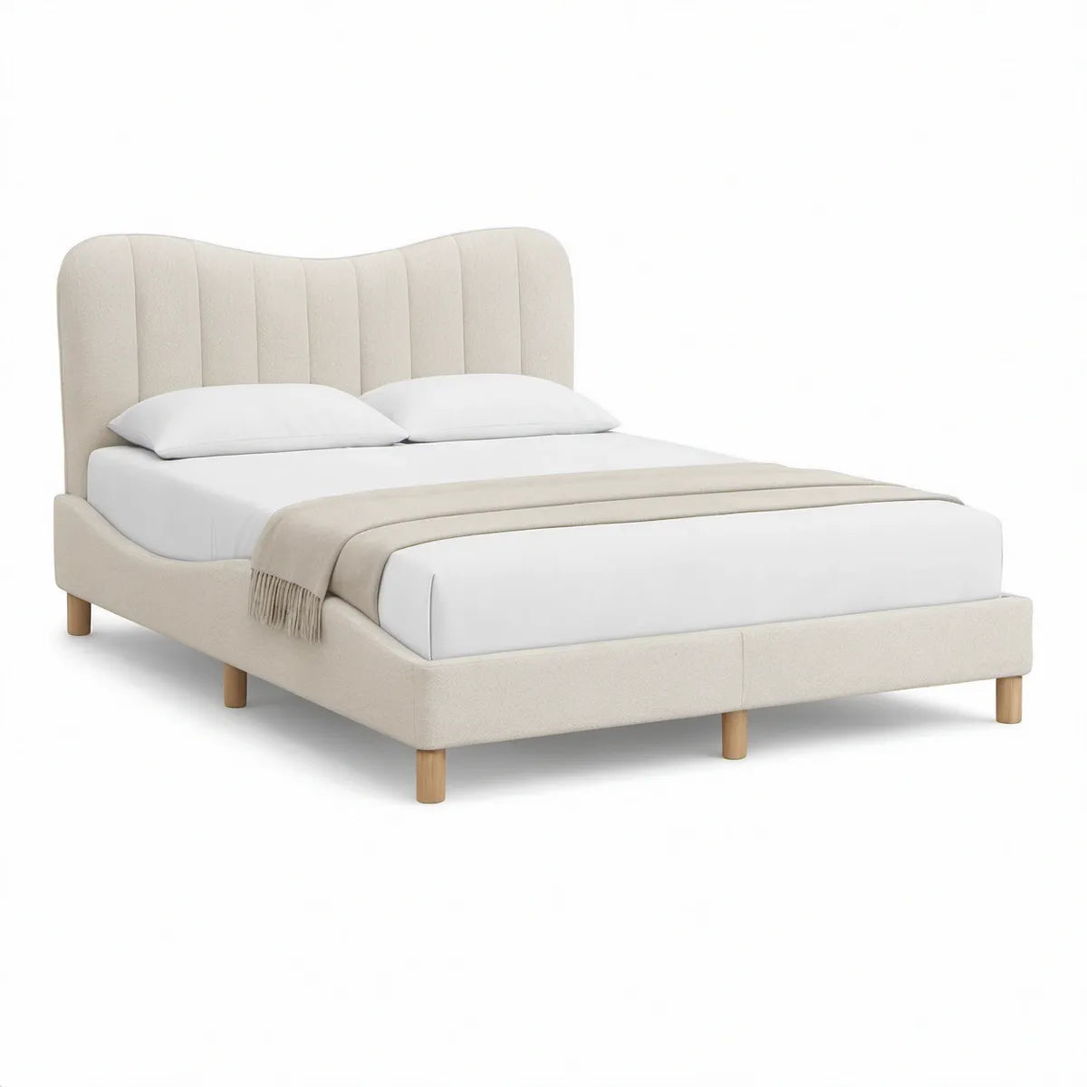 Polsterbettgestell 160 x 200 cm in Creme mit geschwungenem Kopfteil aus Polyester