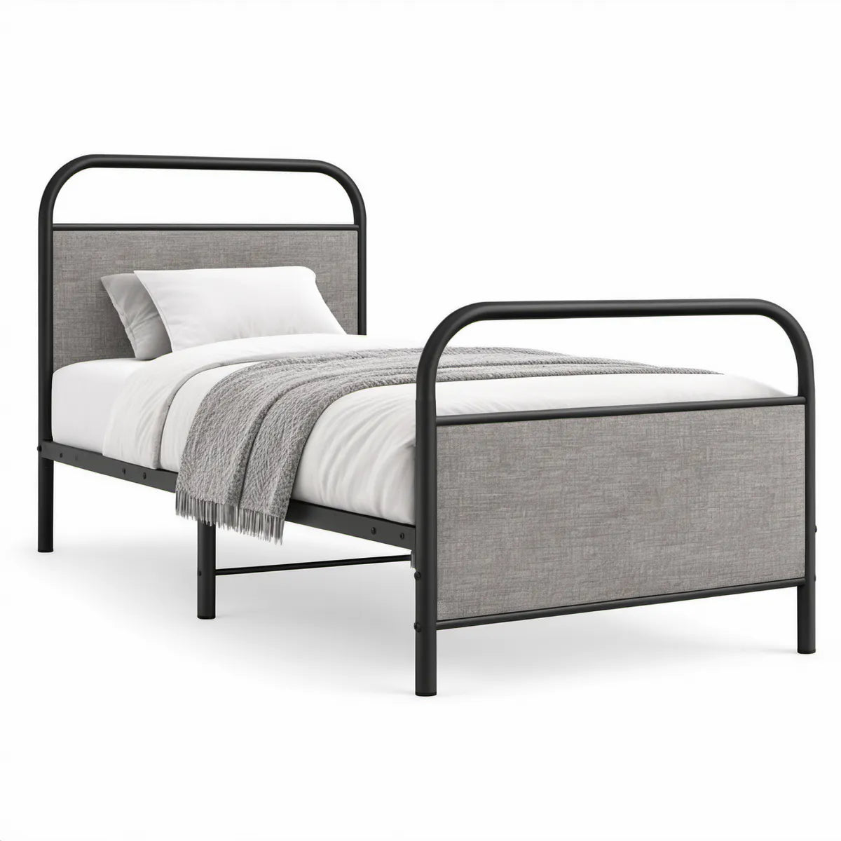Metallbett 90 x 200 cm mit gepolstertem Kopf- und Fussteil, Schwarz/Grau