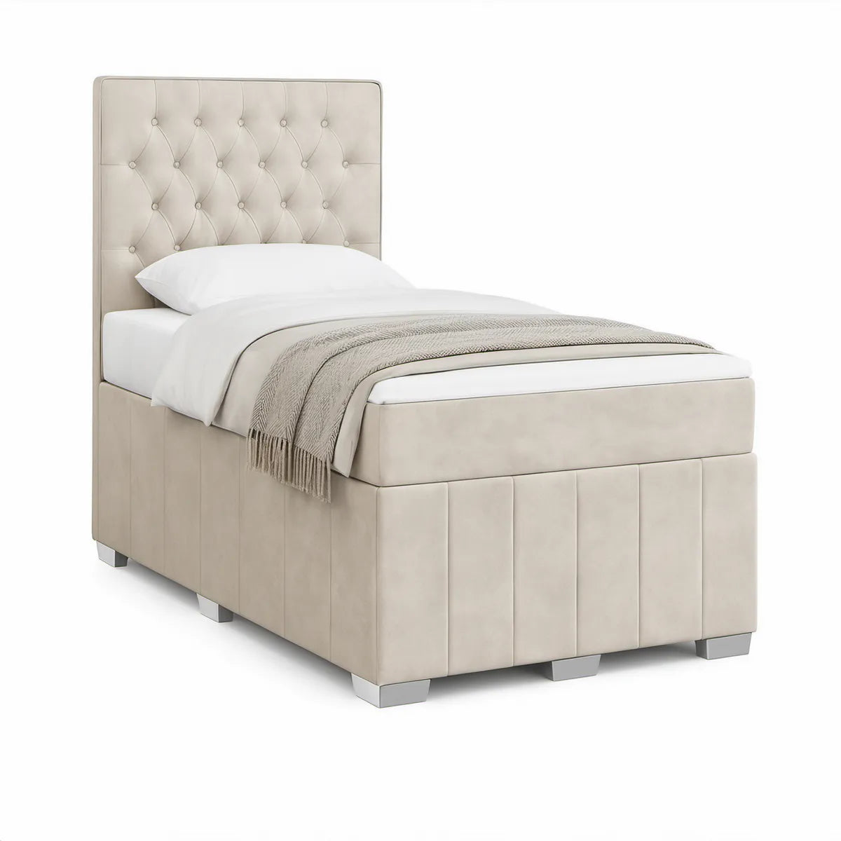 Gepolstertes Einzelbett 90 x 200 cm mit Samtbezug in Beige