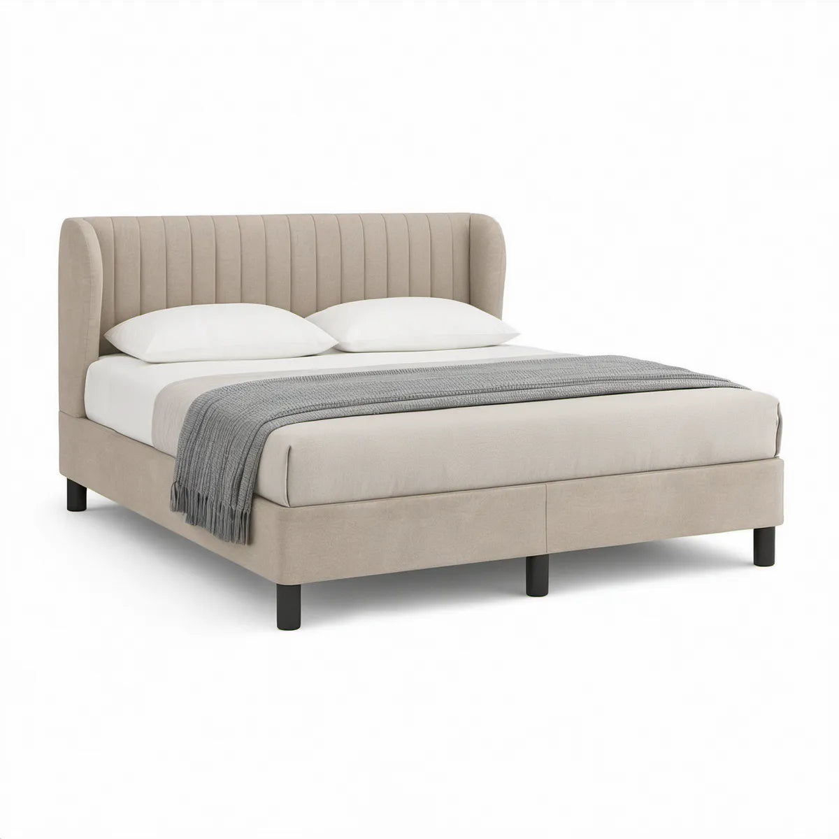Gepolstertes Doppelbett in Samtoptik Beige 180 x 200 cm mit gerundetem Kopfteil