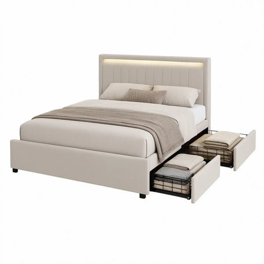 Polsterbett mit LED-Kopfteil und 2 Schubladen, 160 × 200 cm, Beige