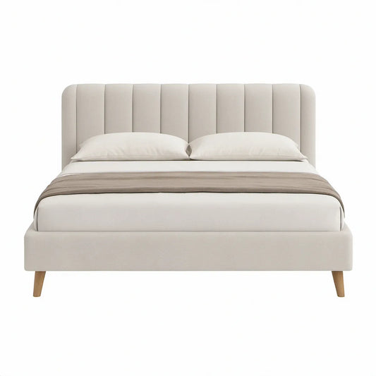 Gepolstertes Doppelbett 160 x 200 cm mit vertikal gestepptem Kopfteil, Beige